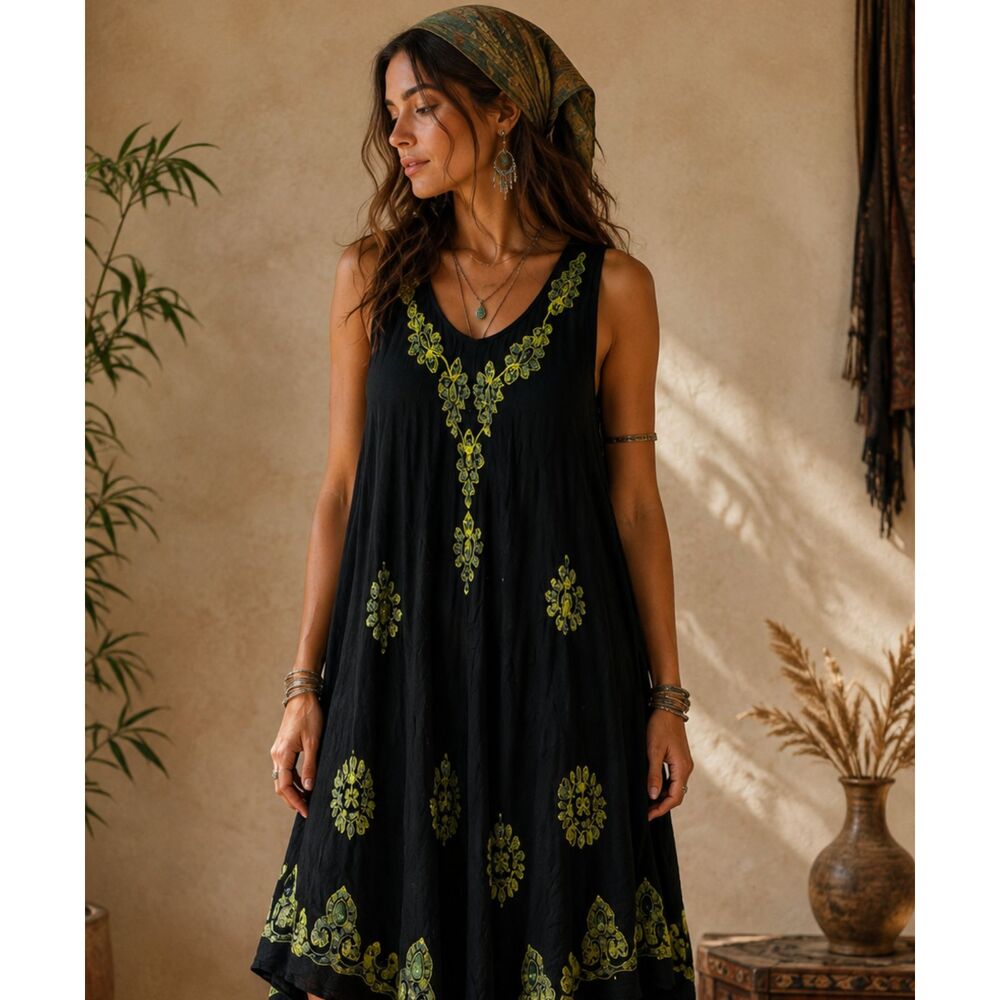 Black Boho Embroidered Dress Green Beaded Handkerchief Hem Fairy Festival Tunic